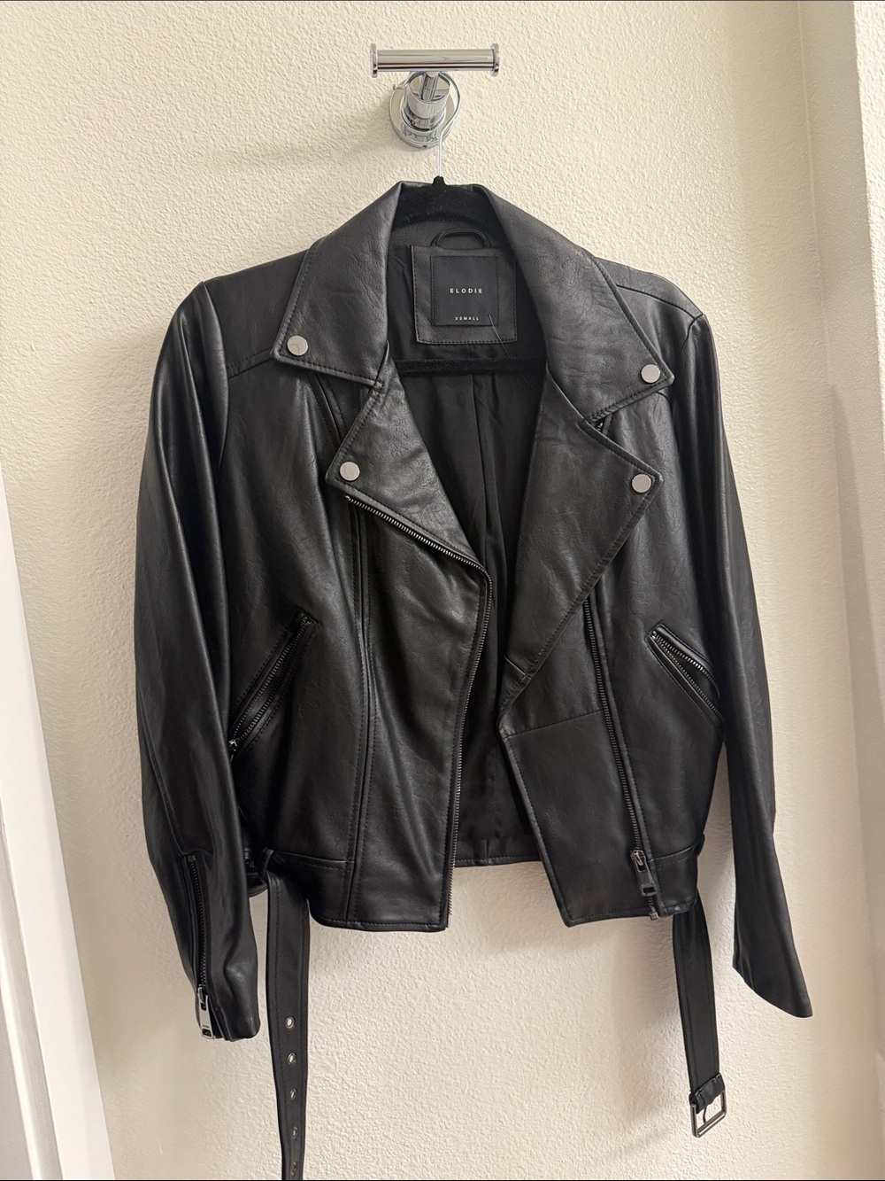Elodie Black Leather Moto Jacket with Belted Hem